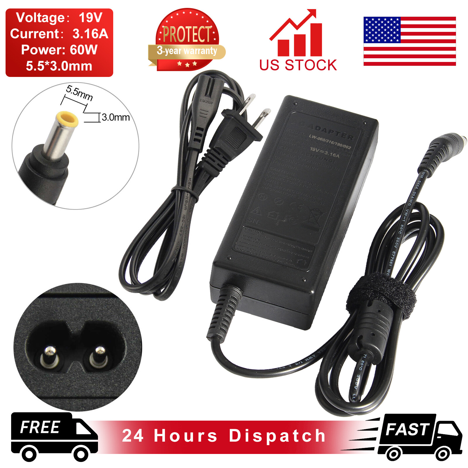For Samsung QX411 RV510 NP-QX411  RV511 19V 3.16A Power Adapter Charger Cord