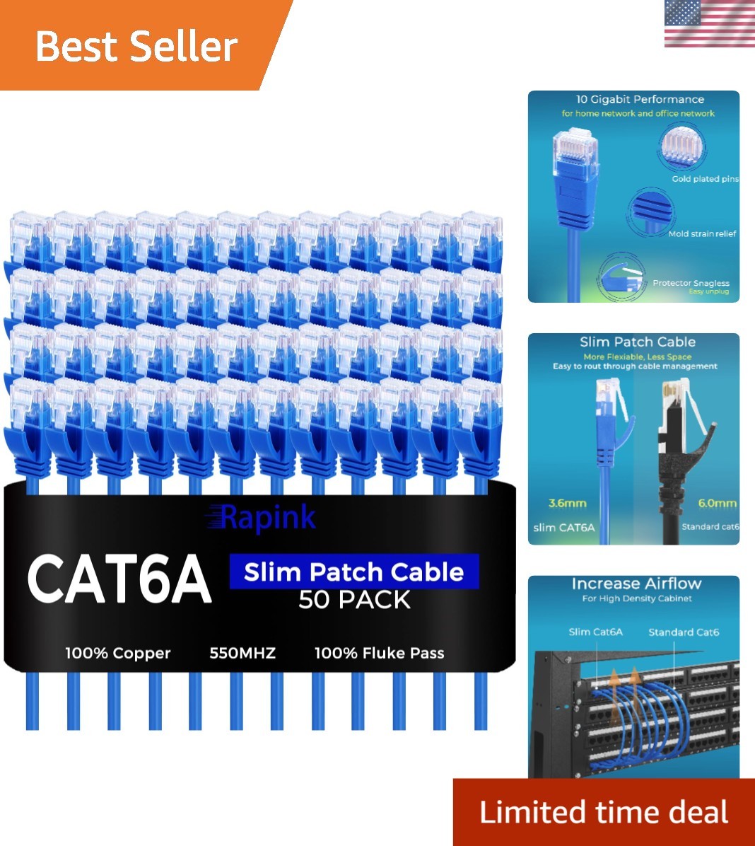 Superior 50 Pack Cat6a 2ft Ethernet Patch Cables - Space-Saving Slim Design