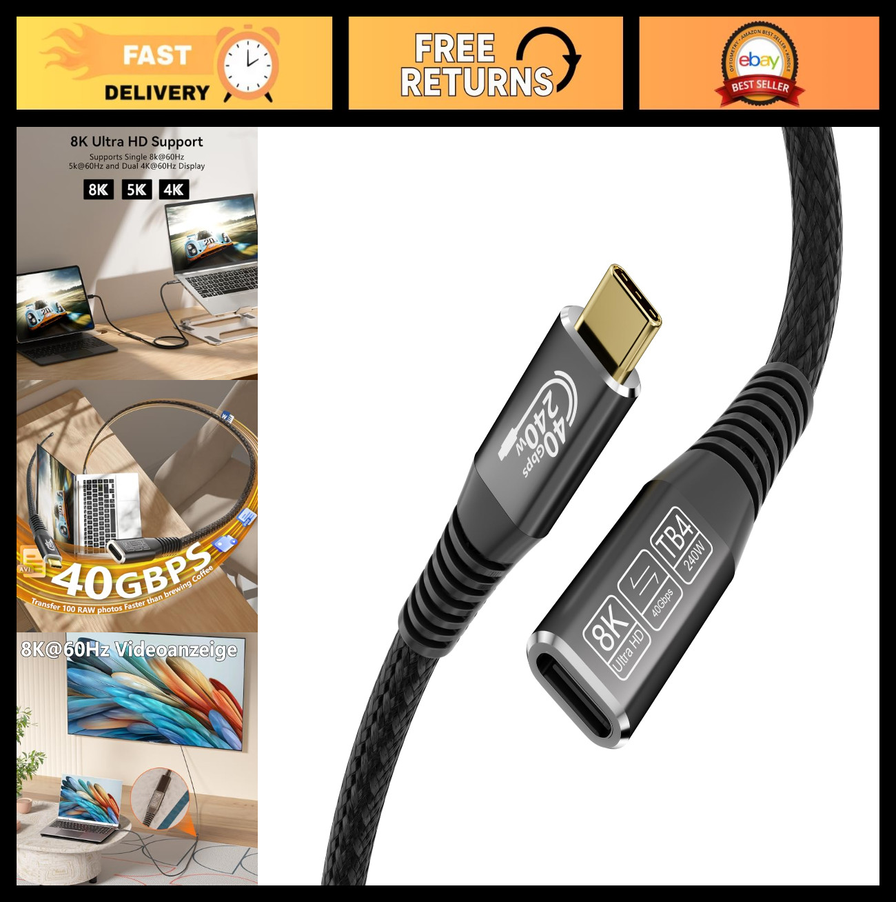 USB-C Extension Cable 40Gbps Data Transfer, 8K@120Hz, PD 240W, 0.5M/1.65FT