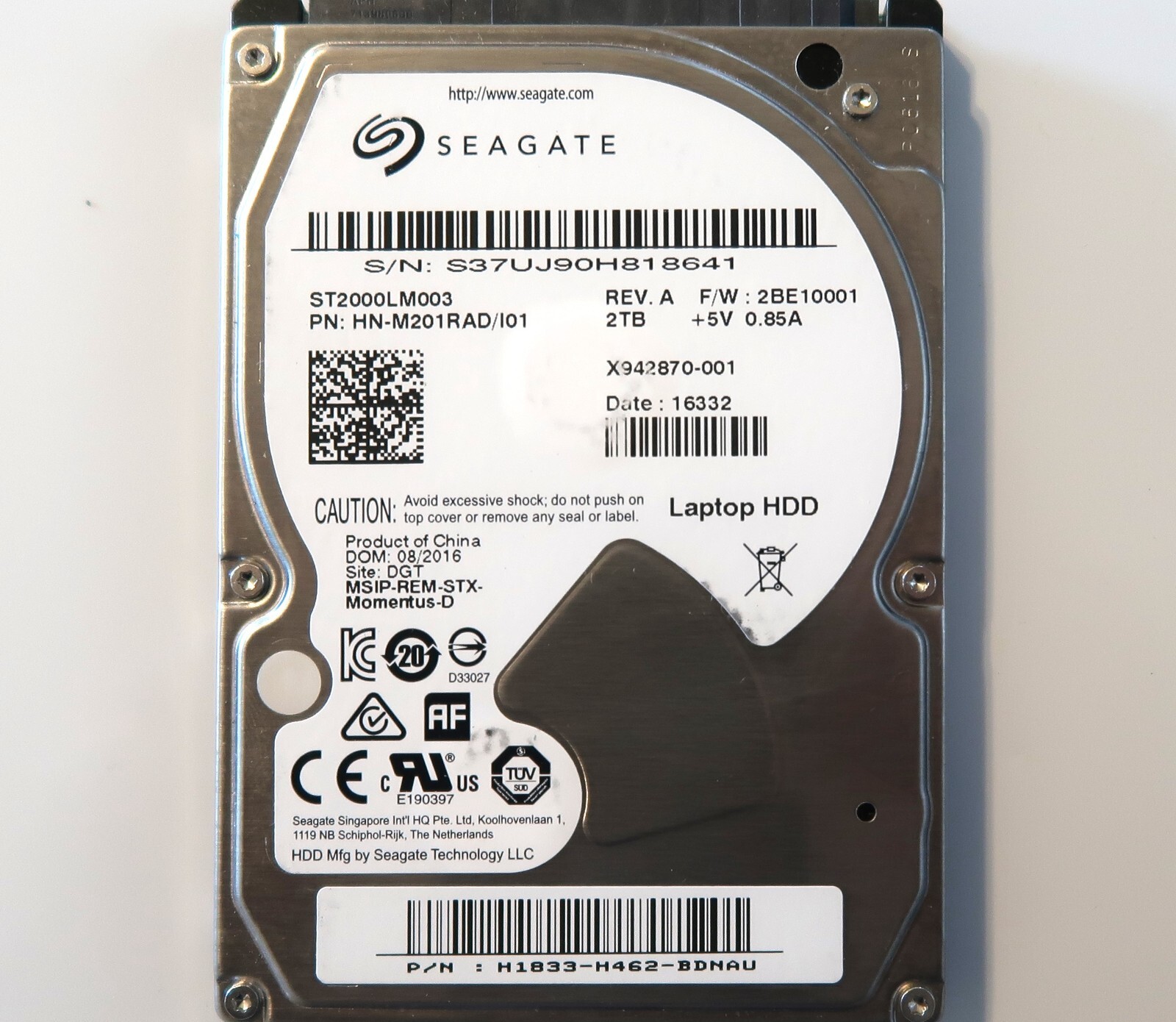 Seagate ST2000LM003 HN-M201RAD/I01 2BE10001 H1833-H462 (S37U) 2.5" 2TB 08/2016