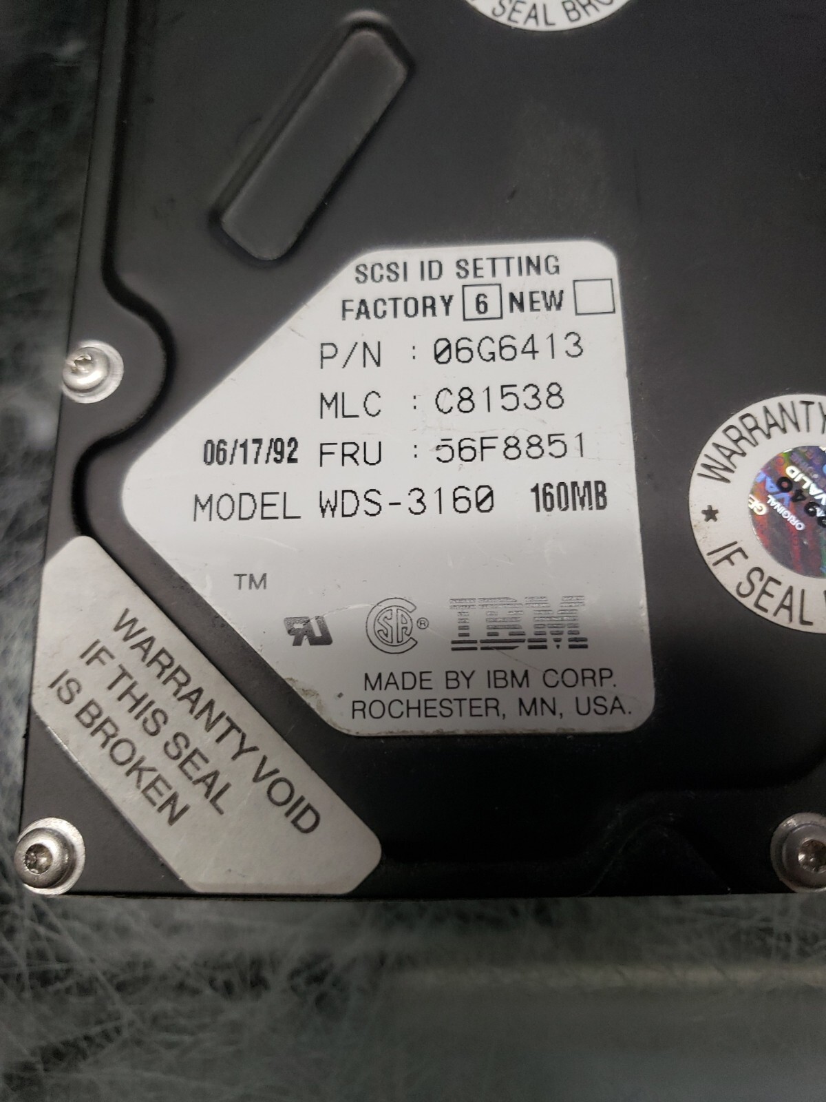 IBM 160MB Hard Drive Model WDS-3160S 