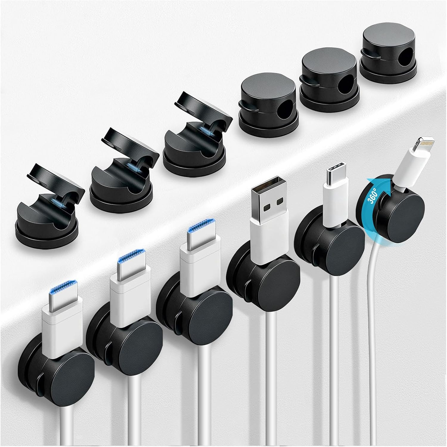 12 Pack 360° Rotatable Spring Cable Clips[1S Lock], Adhesive Cord Holder for Nig