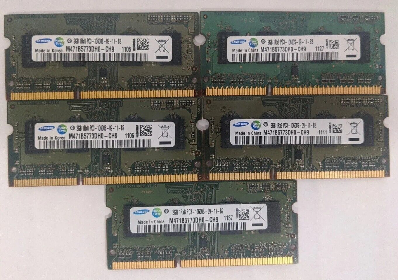 5 x SAMSUNG 2GB 1RX8 PC3-10600S-09-11-B2 MEMORY RAM M471B5773DH0-CH9 lot of 5