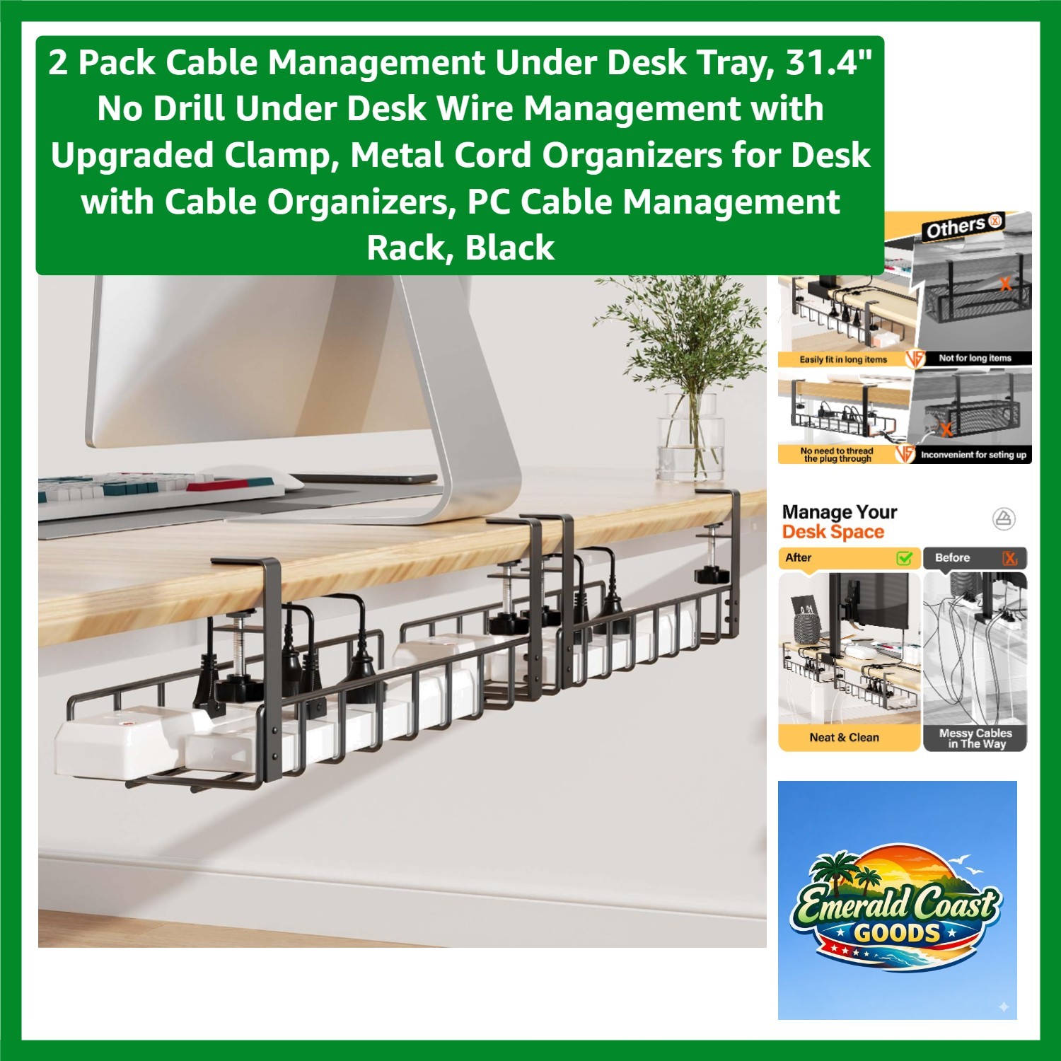 Versatile Under Desk Cable Organizer - 2 Pack 31.4" No Drill Sturdy Metal Trays