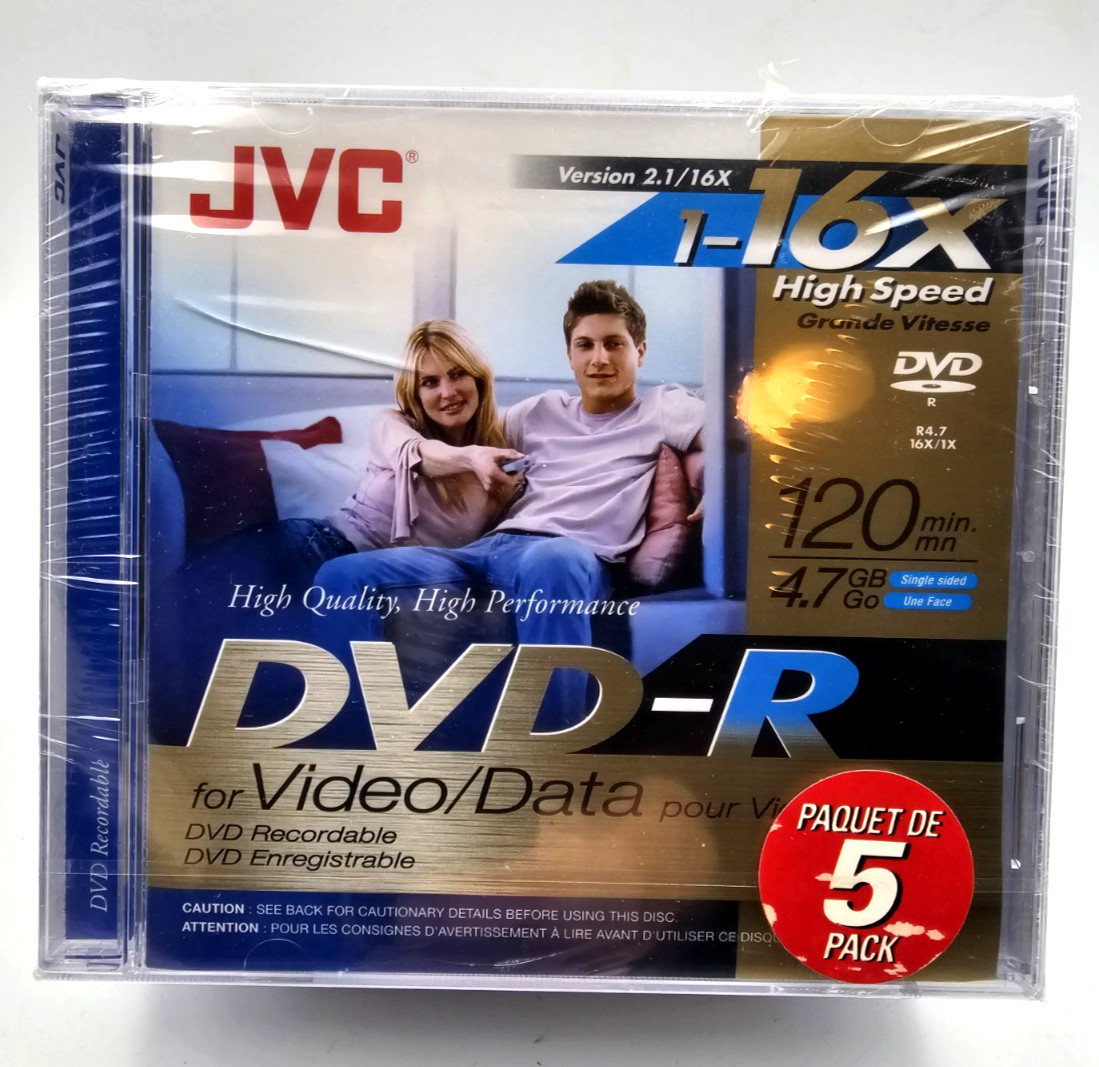 JVC 5-Pack 16x high speed DVD-R recordable DVD's 120 min, 4.7 GB factory sealed 