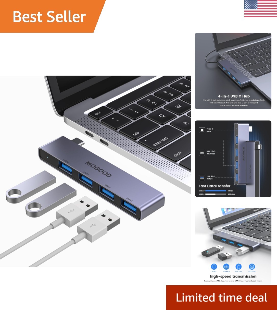 Sleek USB C Multiport Adapter - 4 USB Ports, Fast Data Transfer & Plug & Play