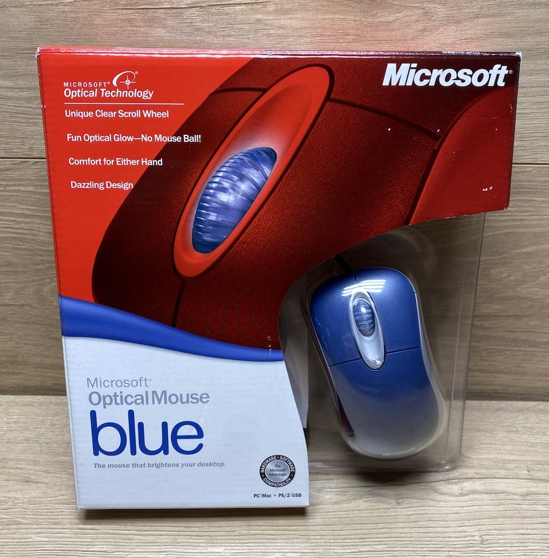 Microsoft Optical Mouse Blue USB PS/2 Vintage New Open IntelliPoint X08-79463