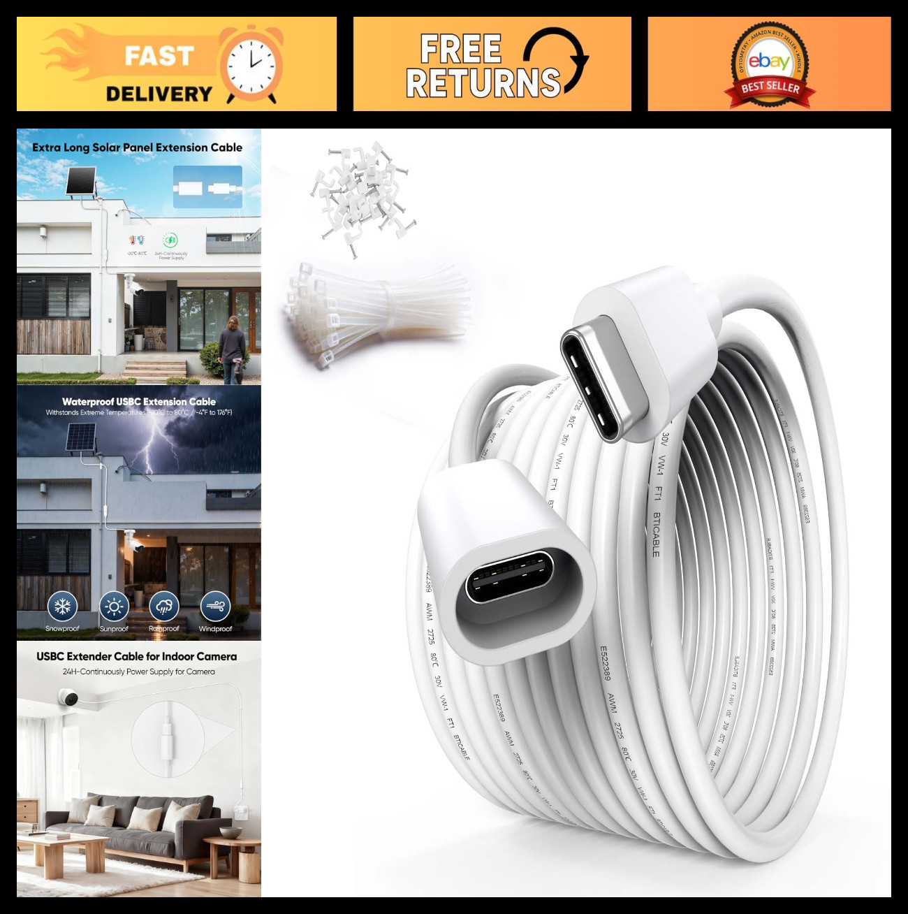 20FT USB C Extension Cable for Solar Panel, Waterproof, White - High-Speed Charg