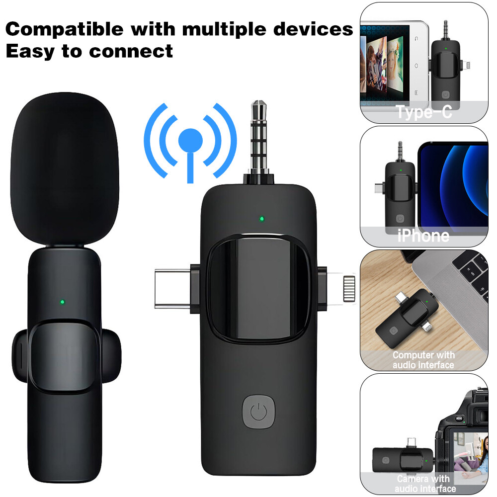 3 in 1 Lavalier Wireless Microphone Audio Video Recording Mic For iPhone Android