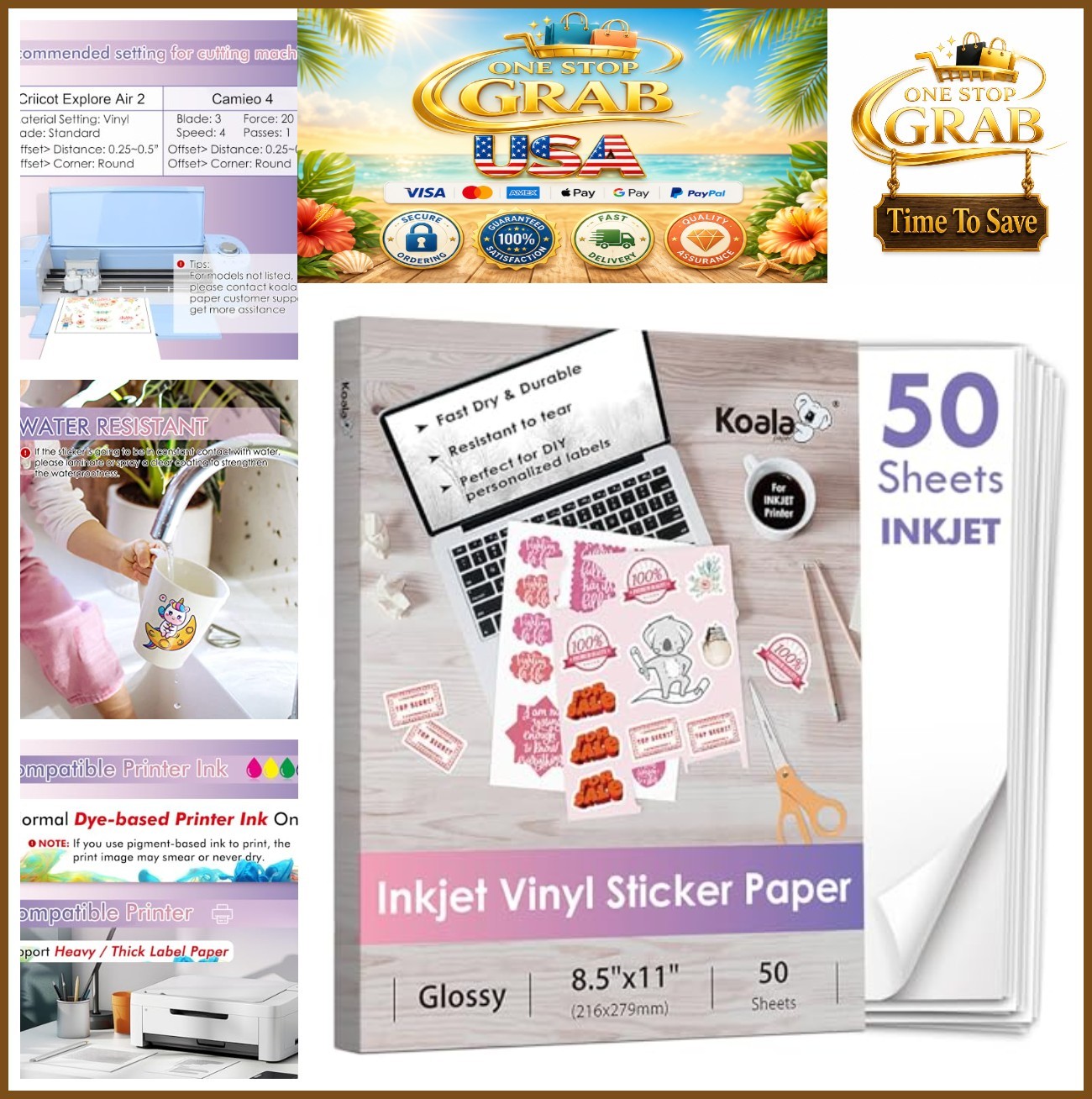 Glossy Vinyl Sticker Paper for Inkjet Printer 8.5x11 50 Sheets Waterproof Water