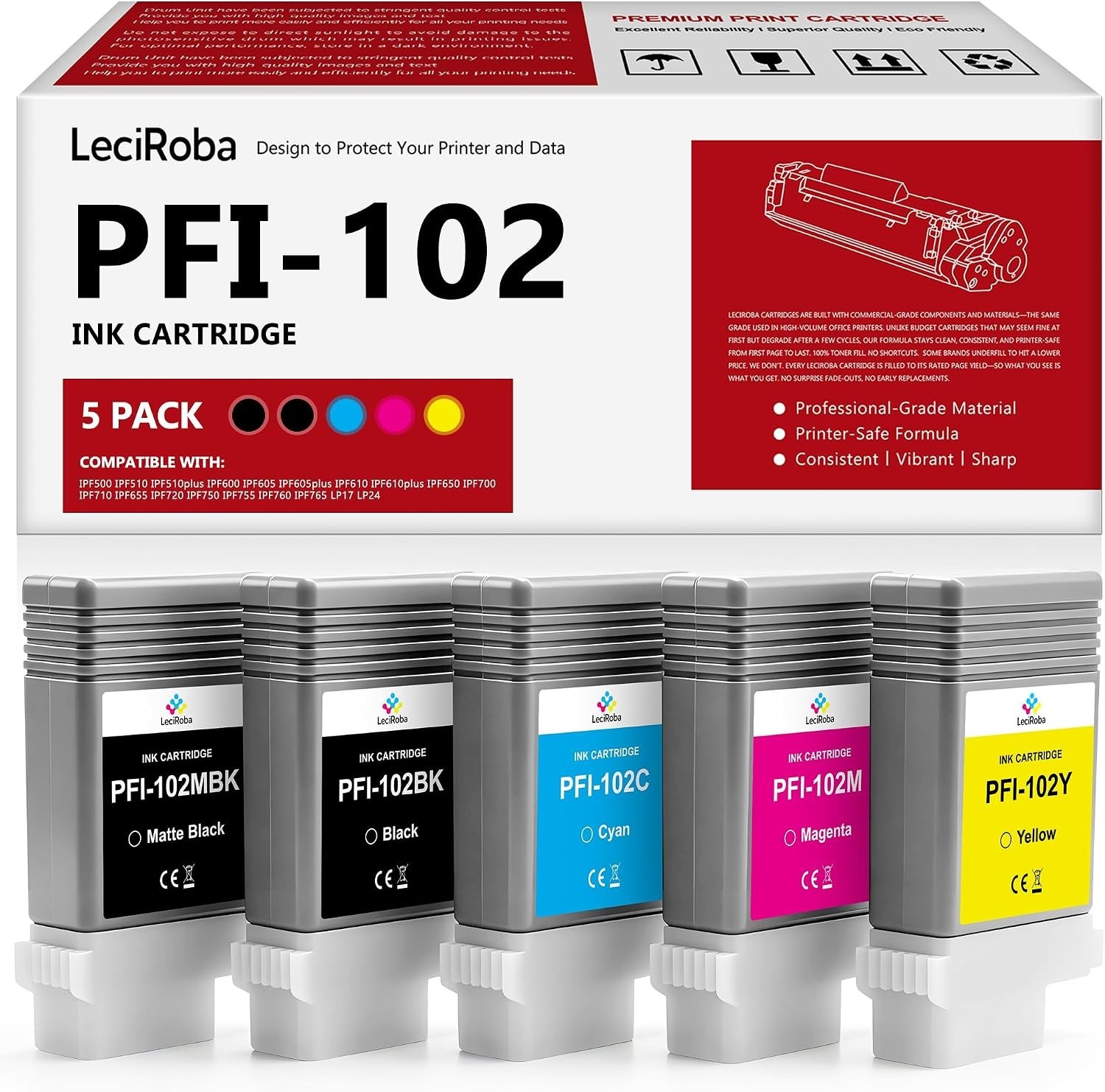 PFI-102 Ink Cartridge 5 Pack for Canon iPF500 iPF510 iPF600 iPF605 iPF610