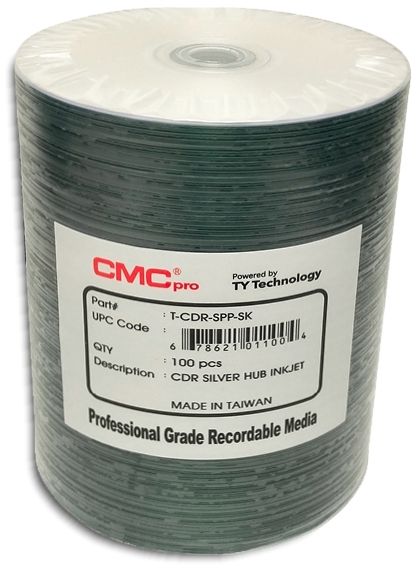 100-Pak CMC Pro (TY Technology) Silver Inkjet Hub Printable 52X 80-Minute CDR's