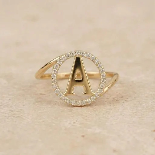 Personalized Circle Monogram Diamond Halo Initial Ring, Custom Letter Ring Initi
