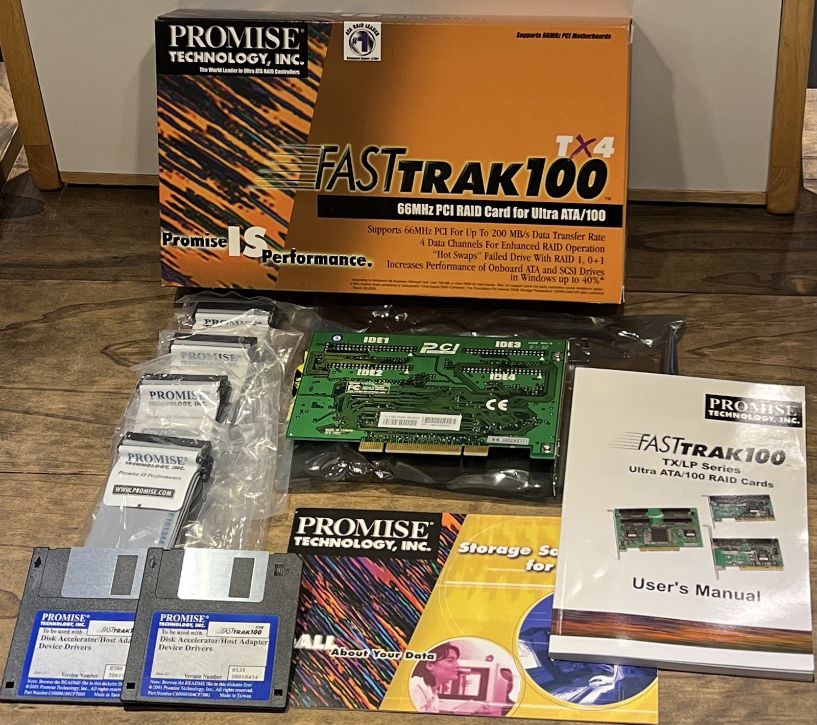Promise Technology FastTRAK 100 TX4 / 66MHz PCI RAID Card In Box W/ Cables ETC