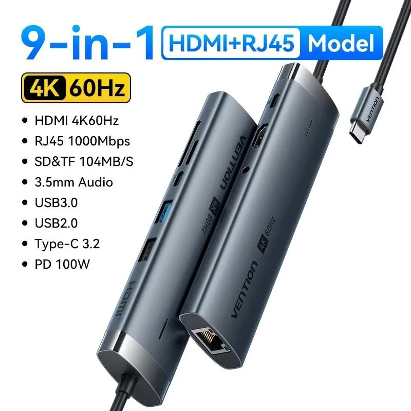 Vention USB C Hub HDMI 4K 60Hz 9 in 1 PD 100W RJ45 Adapter USB3.0 Hub 5Gbps