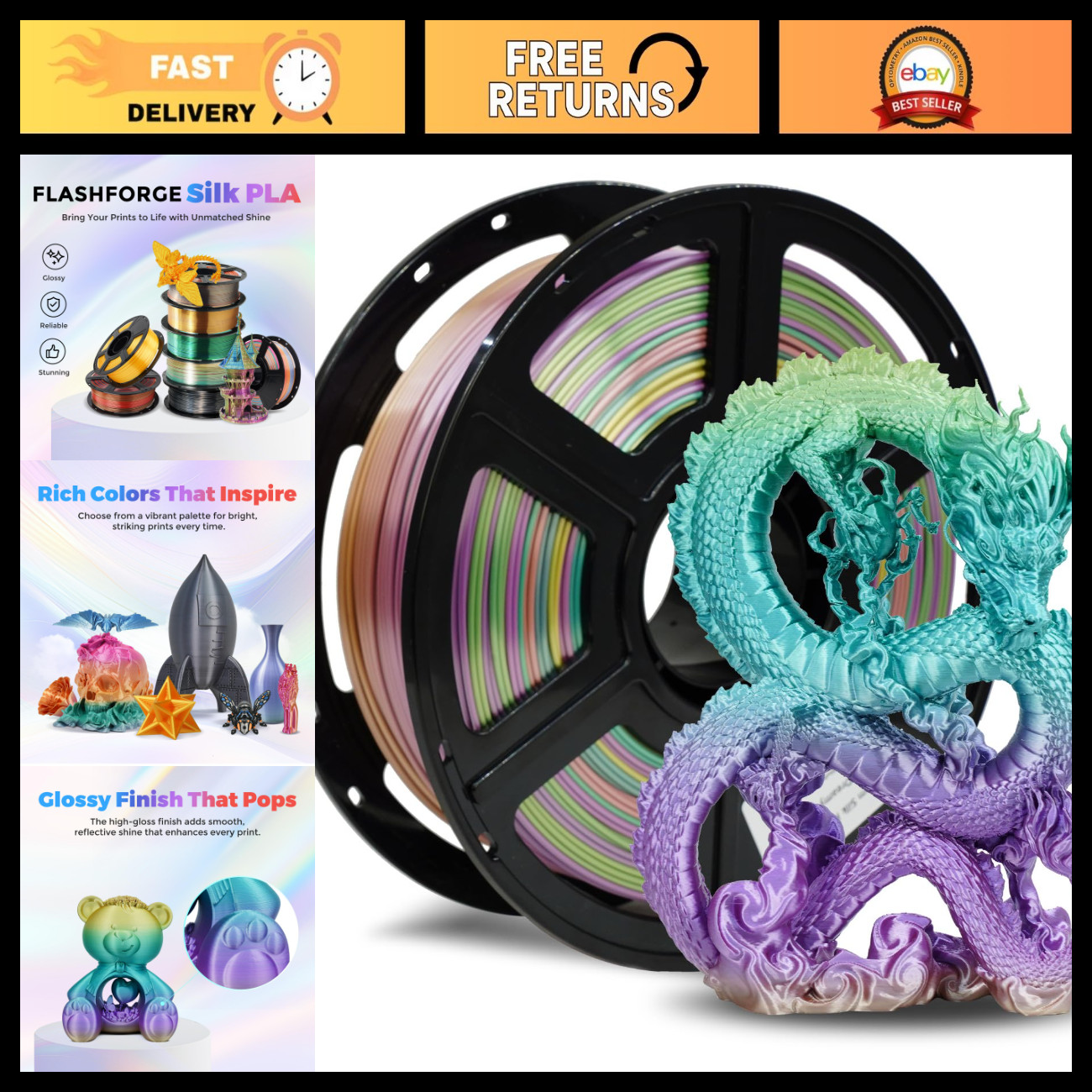 Silk PLA 3D Printer Filament 1.75mm 1kg Spool - Smooth Texture, High Accuracy
