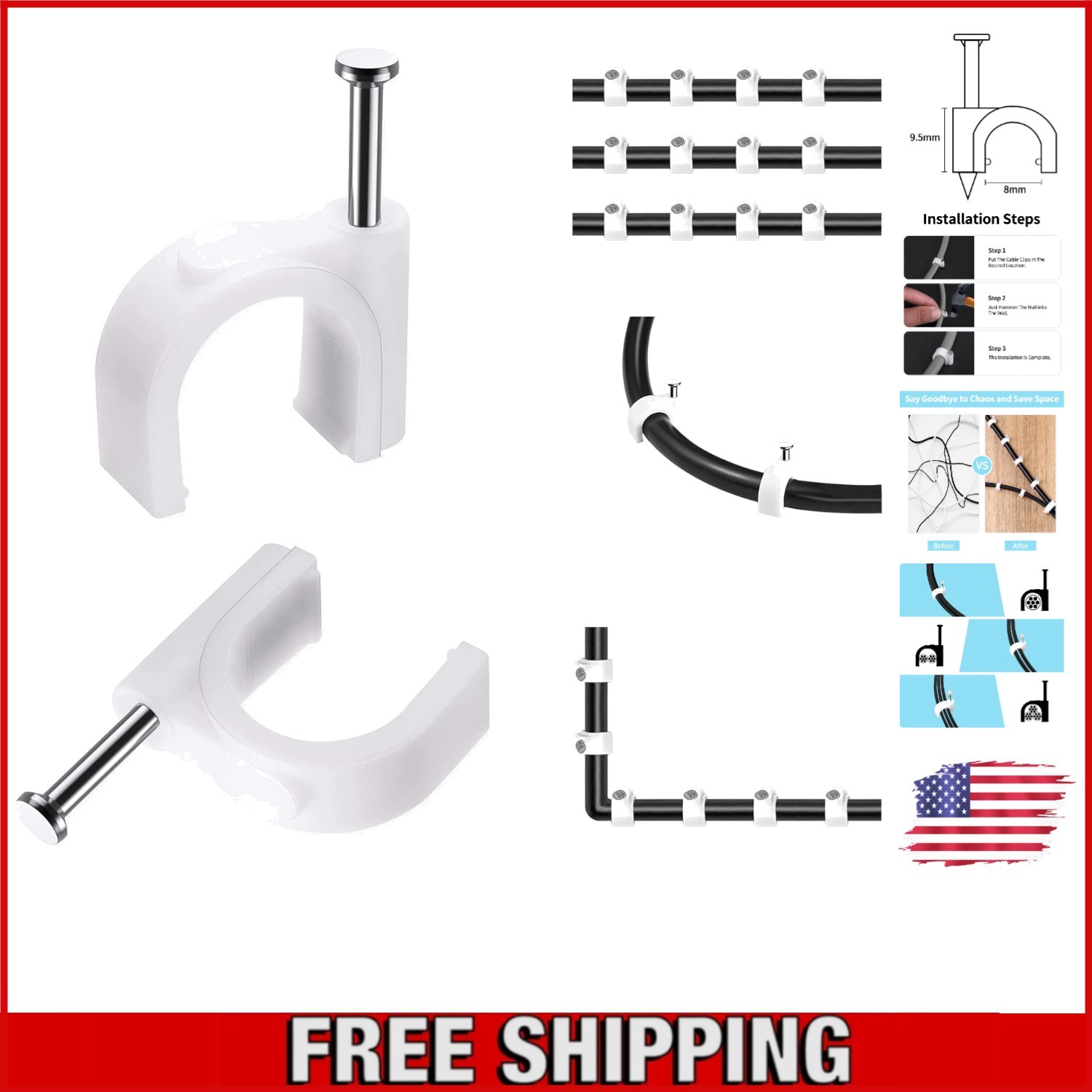 100 Pcs 8mm White Cable Clips with Steel Nails - Elegant Cable Management
