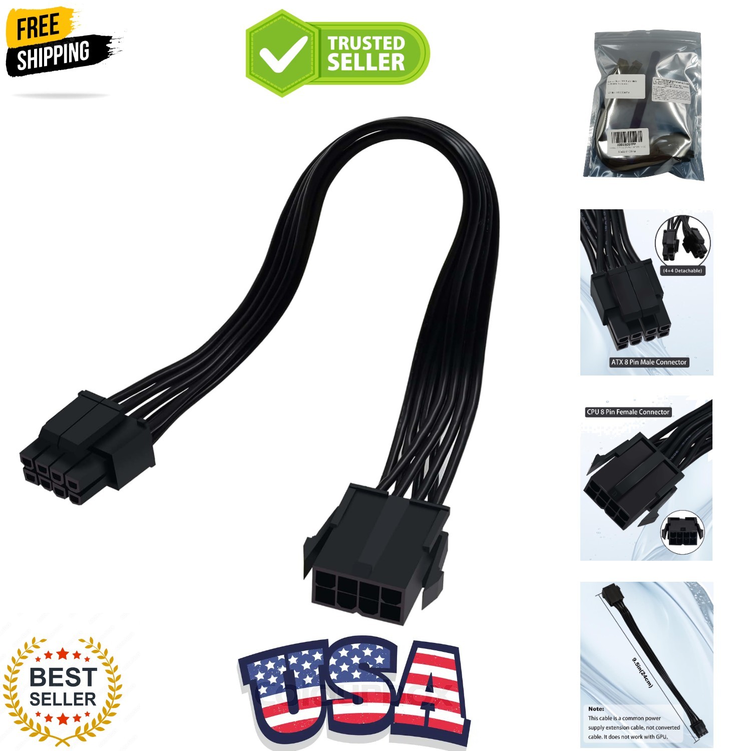 2-Pack CPU 8 Pin Extension Cable, Motherboard ATX CPU 8 Pin 4+4 Male to Femal...