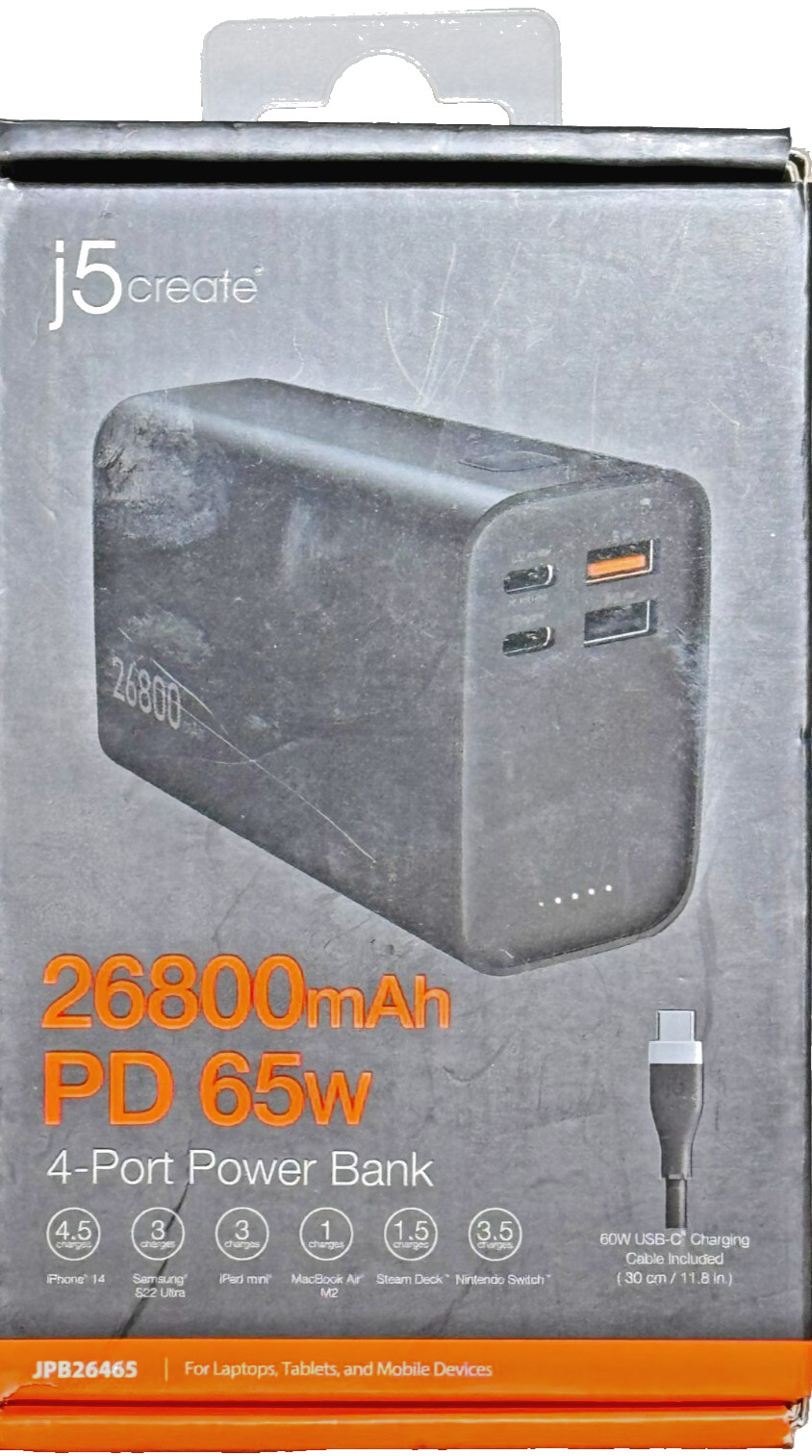 j5create - 26800mAh PD 65W 4-Port Power Bank - Black - New - Sealed