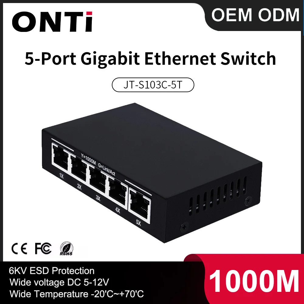 ONTi 5 Port Gigabit Ethernet Switch 1000Mbps Metal Case Network Hub RJ45 LAN