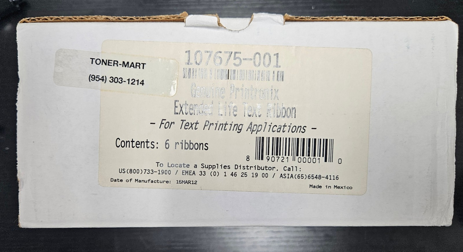 Printronix 107675-001, Extended Life Text Ribbon, 30M, 6 Pack, Mnfr Date 15MAR12