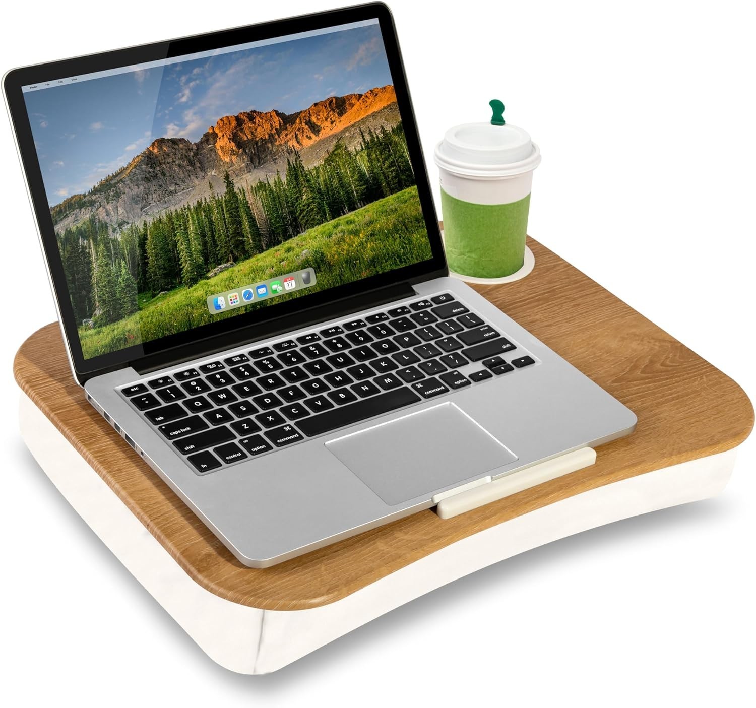 Cup Holder Lap Desk with Device Ledge - White Oak Woodgrain - Fits up to 14 I...