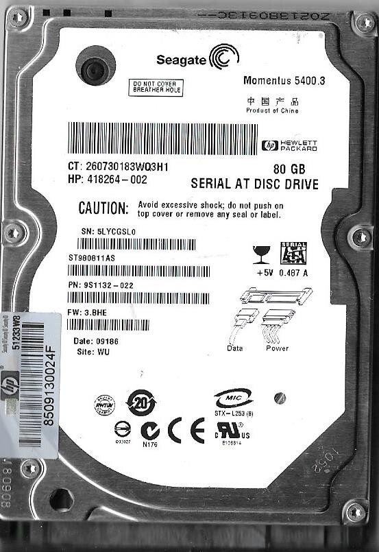 Seagate ST980811AS 80GB Sata Hard Drive P/N: 9S1132-022 F/W: 3.BHE  WU  5LY