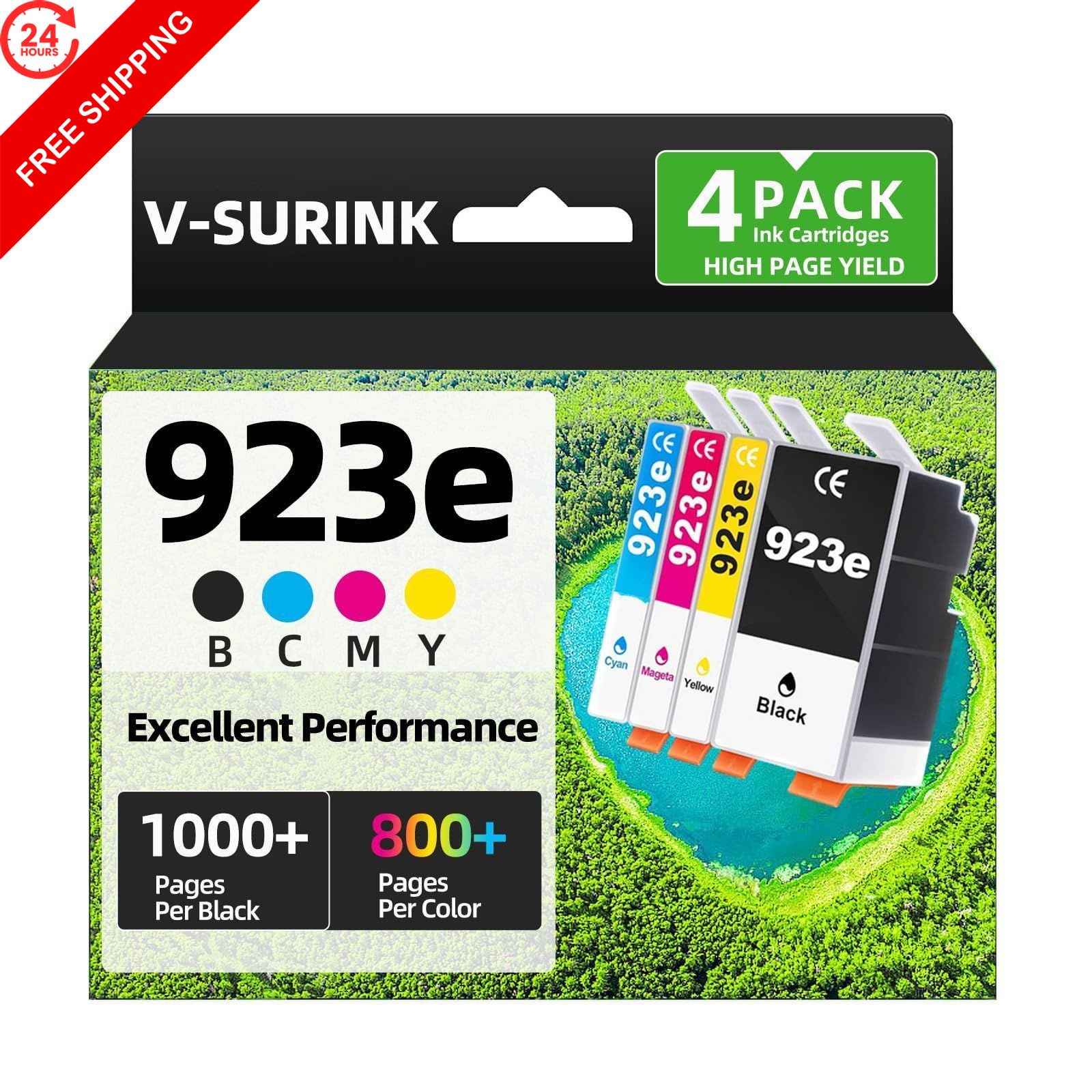 V-Surink Compatible 923e Ink Cartridges 4 XL, Black Cyan Yellow Magenta