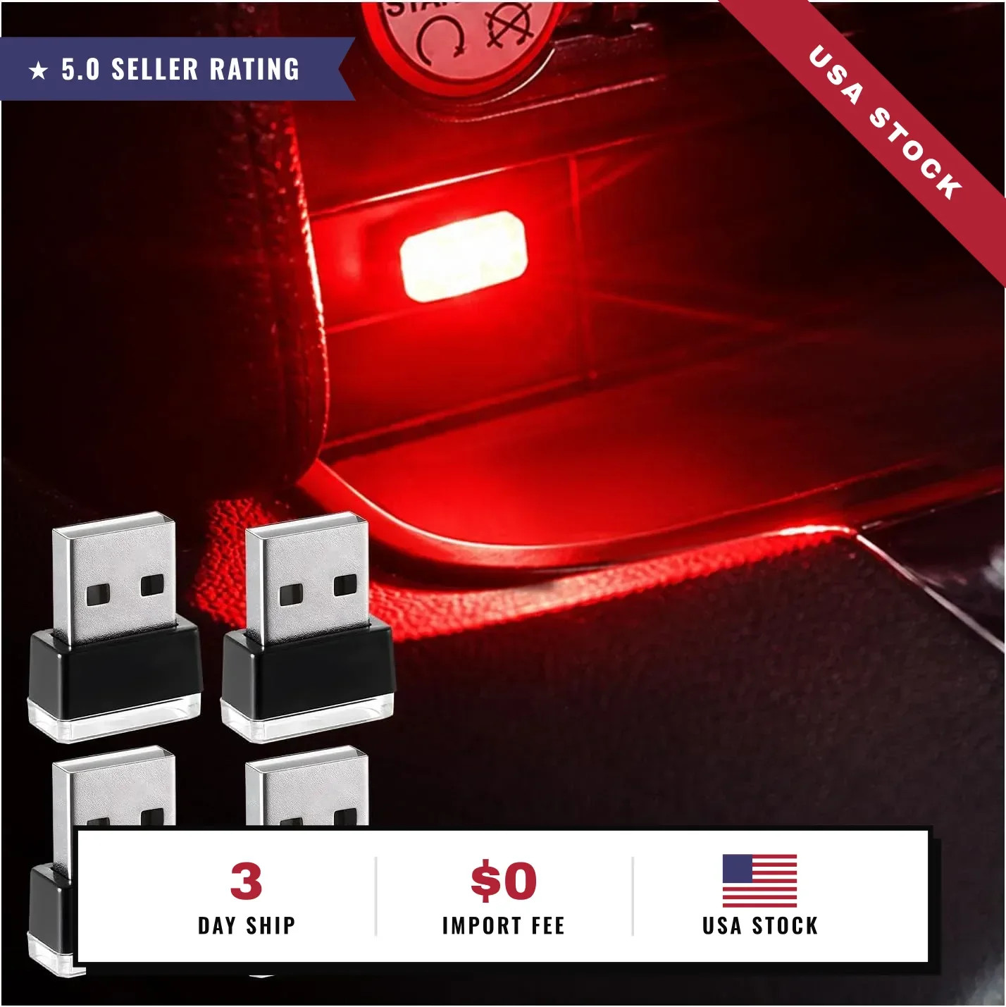 Augeny 4 PCS USB LED Car Interior Atmosphere Lamp, Plug-in USB Decor Night Light