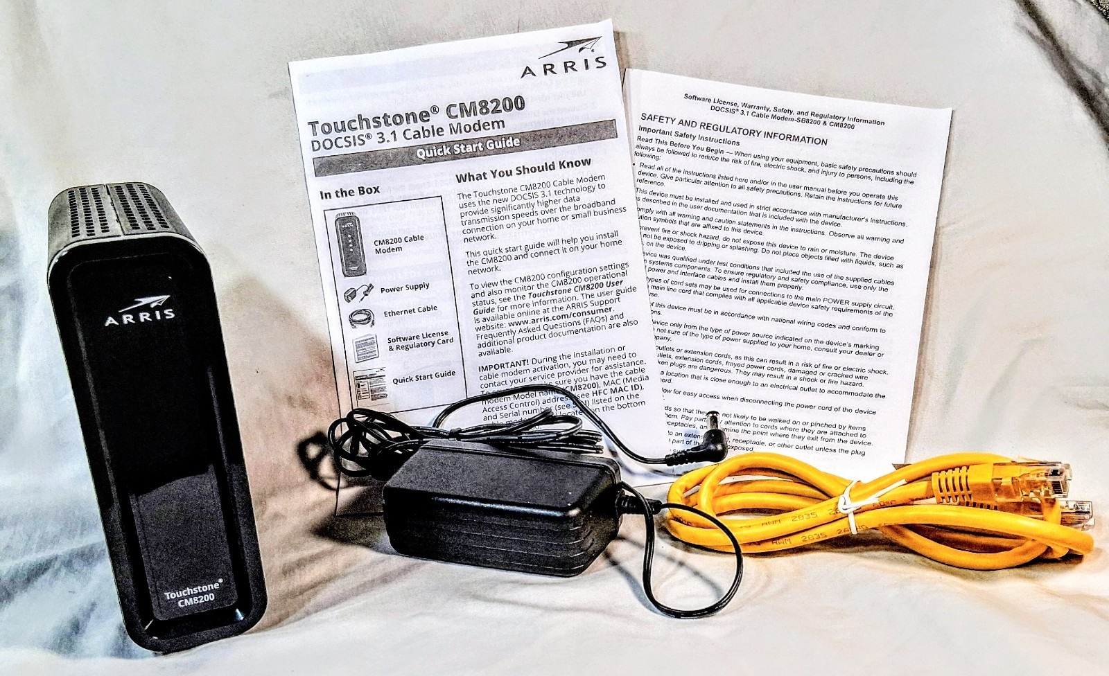 ARRIS Touchstone CM8200A Cable Modem DOCSIS 3.1 w/Adapter, Ethernet Cord, Guide