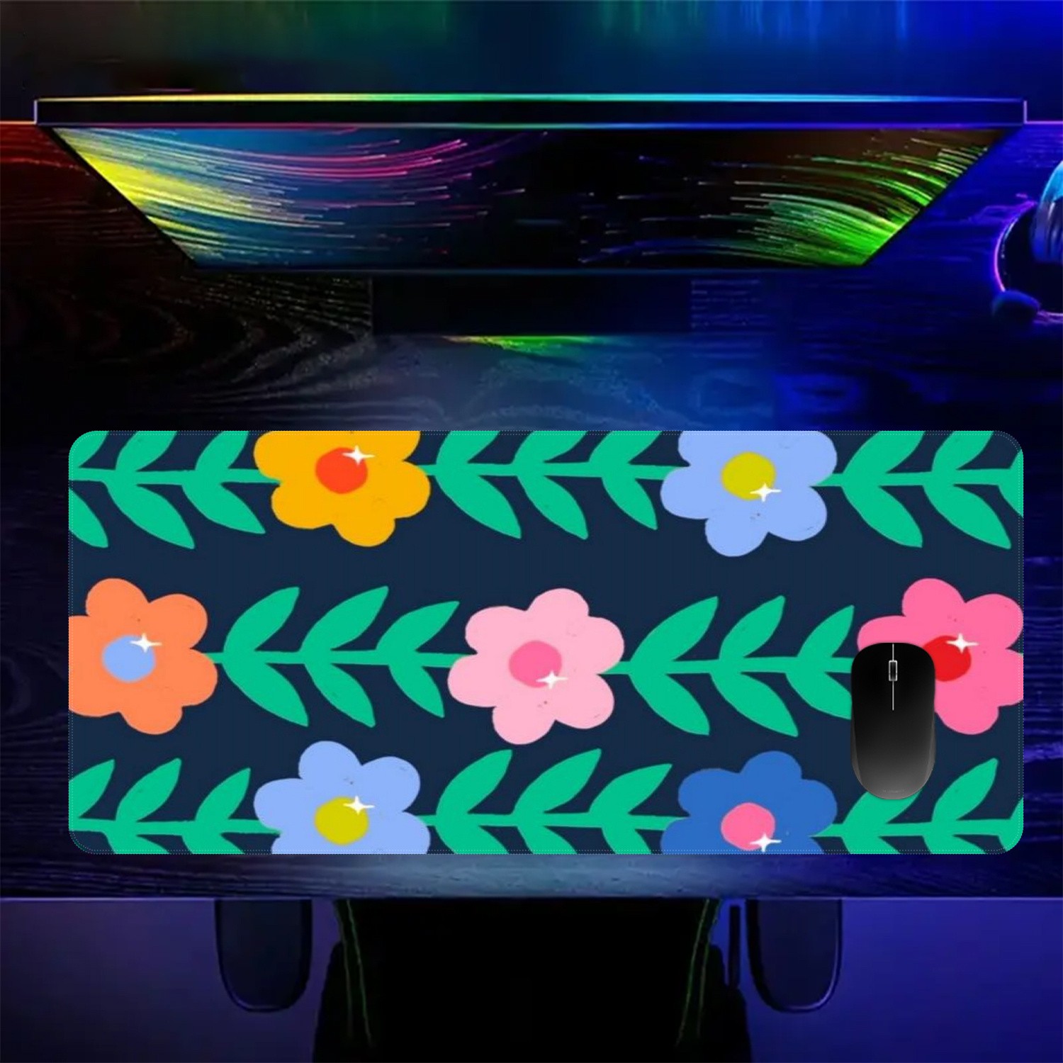 1pc Colorful Flower and Green Leaf Pattern Mouse Pad & Desk Mat, Featuring a V