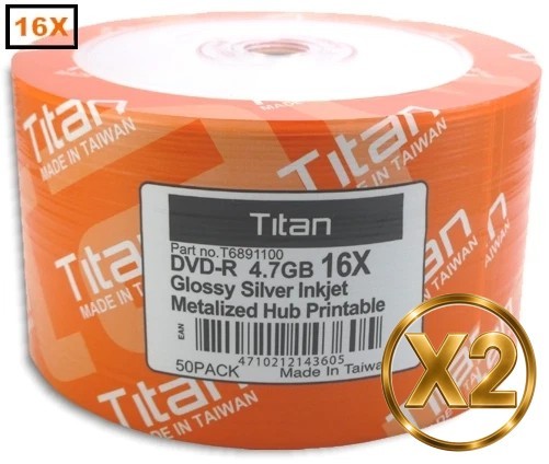 100-Pak =SEMI-GLOSSY= Titan 16X Silver Inkjet Hub DVD-R's, Titan T6891100