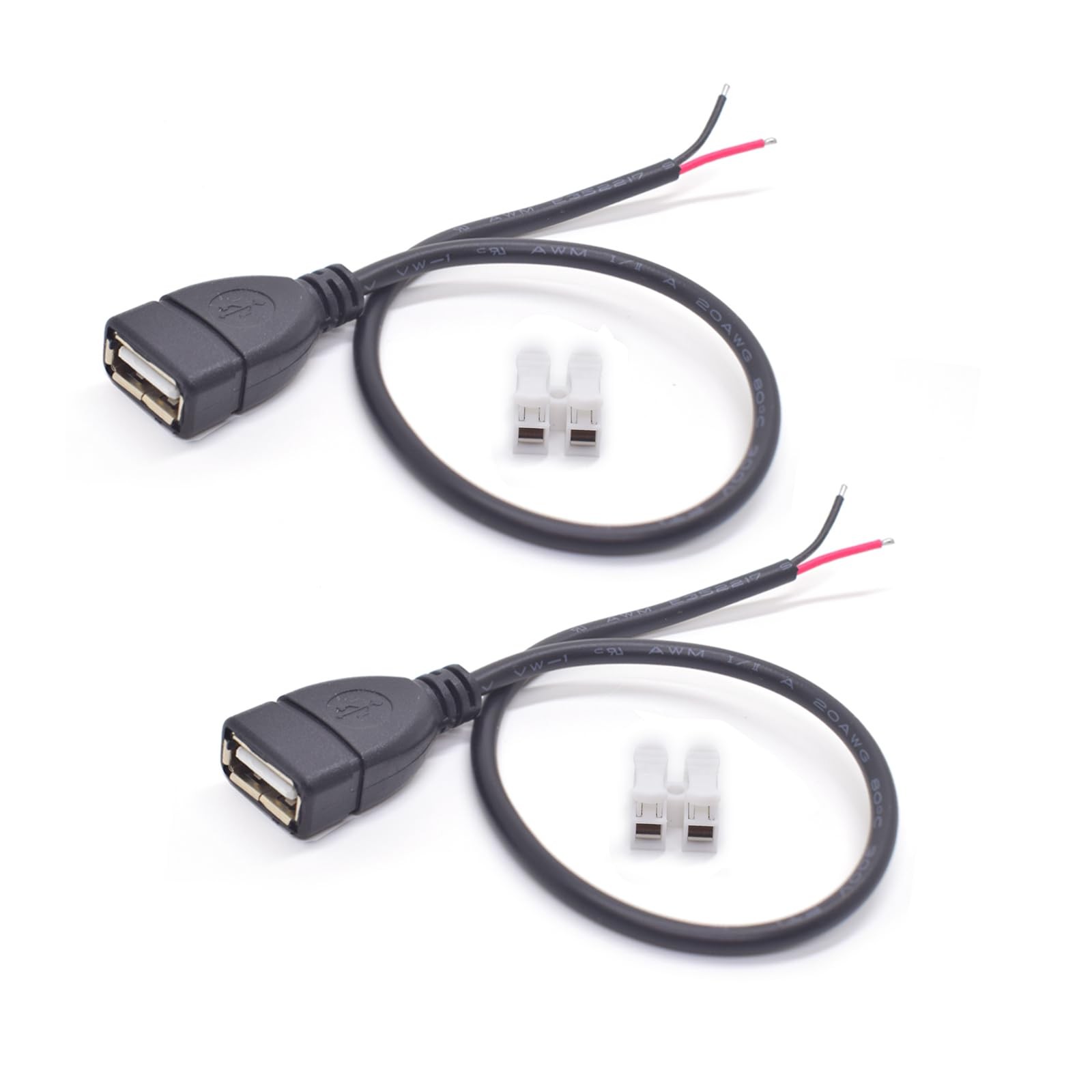 ELNONE 2Pack USB Female 2 Wire Pigtail 1Ft 20AWG 5V 5A DIY 0.3 meters, Black