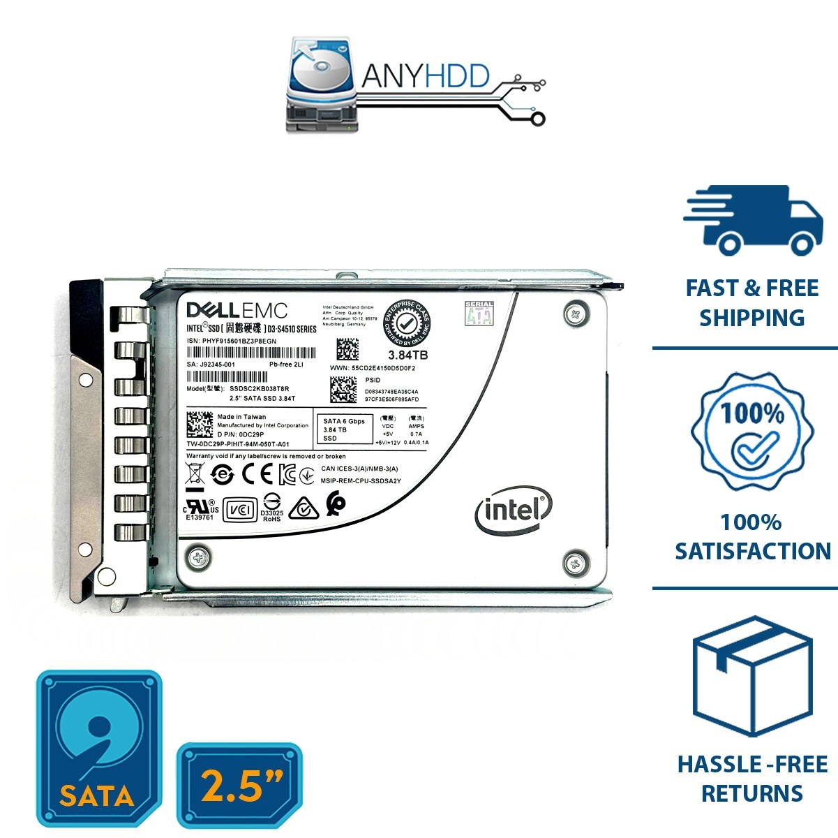 3.84TB SATA SSD DELL EMC INTEL SSDSC2KB038T8R - 6Gbs 2.5" - 0DC29P - w Tray