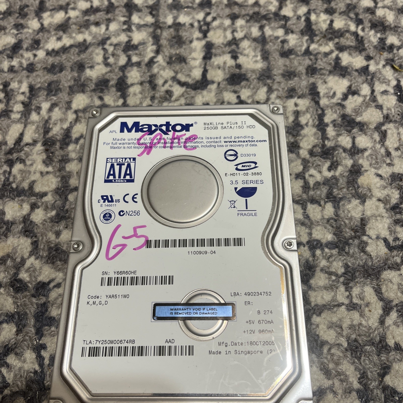 Maxtor MaxLine Plus II 250gb SATA/150 HDD 7200 RPM 8MB cache used pull from Mac