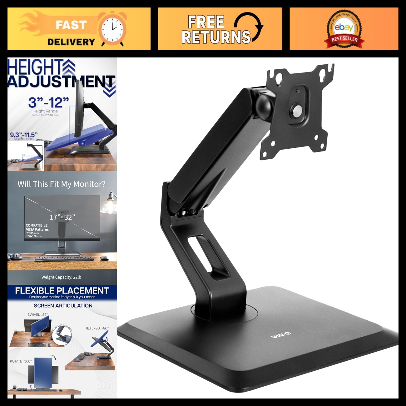 Premium Adjustable Desk Stand for 17-32" VESA Monitor & Touch Screen, Rotating B