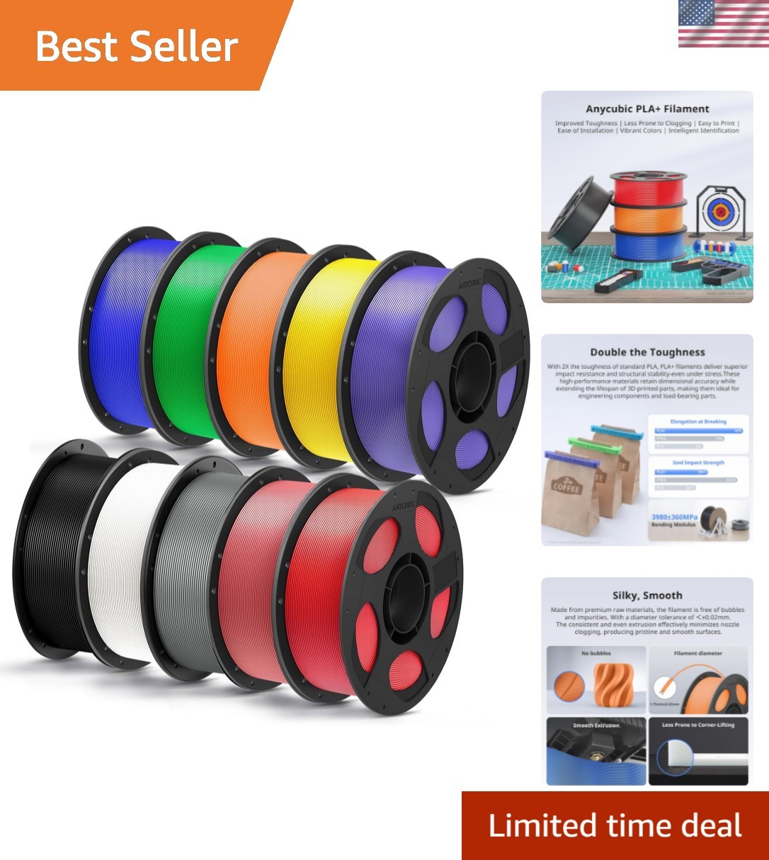PLA Plus PLA+, 3D Printer Filament 1.75mm Bundle, High Toughness, 1KG Spool, ...