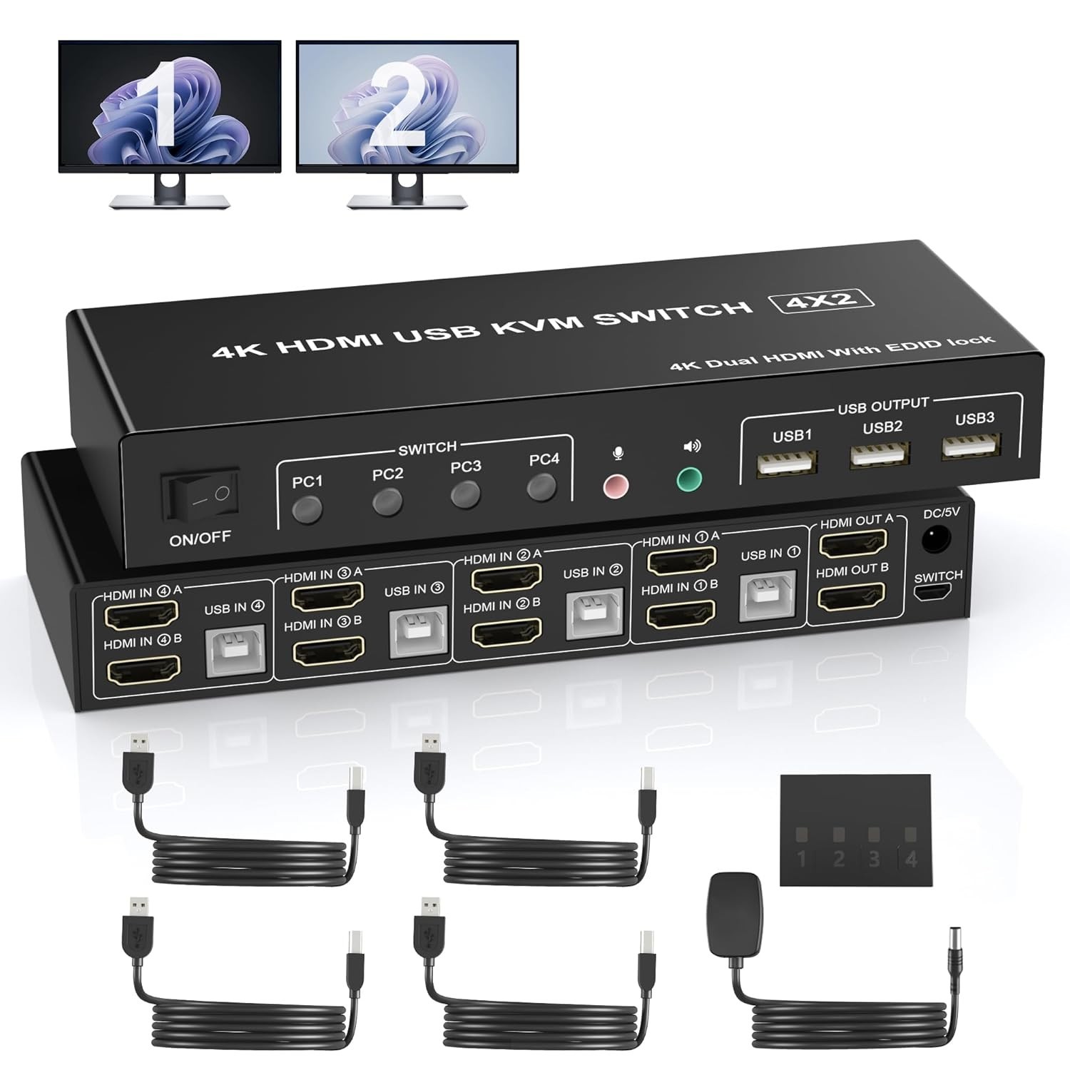 4 Port HDMI Dual Monitor KVM Switch, Supports EDID, 4K 60Hz KVM Switch 2 Monitor