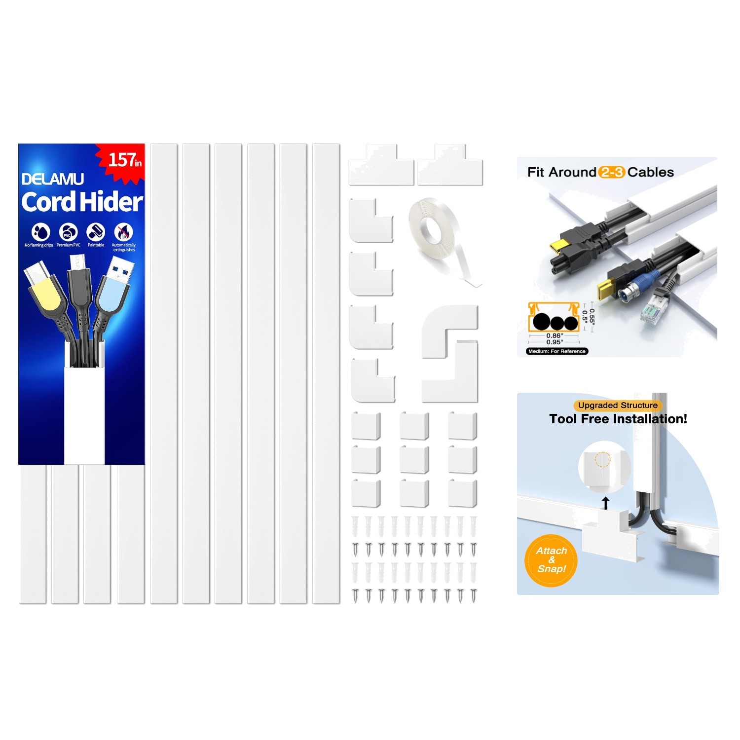 13.1ft Cable Management Kit - 157in Cord Hider for Safety & Organization