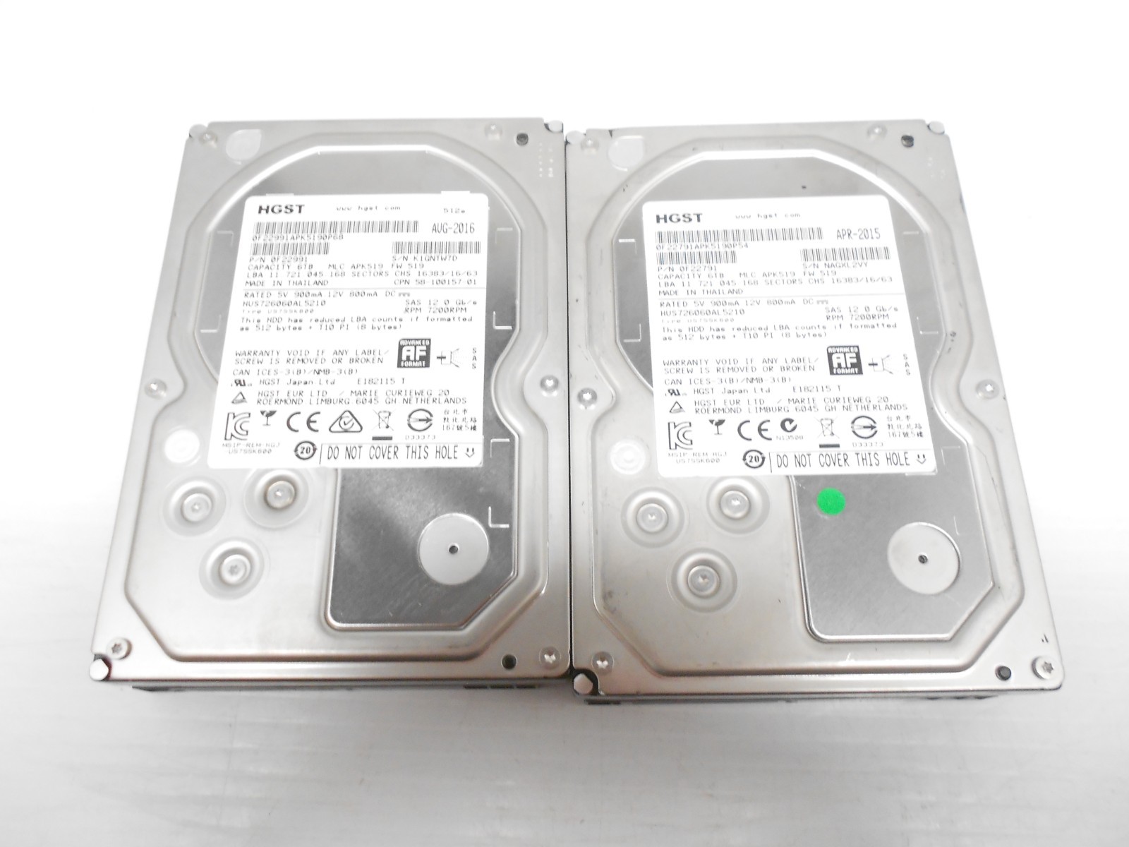 53% & 76% 2 QTY HGST HUS726060AL5210 6TB 7.2K 3.5" SAS 12Gbs Server Hard Drive
