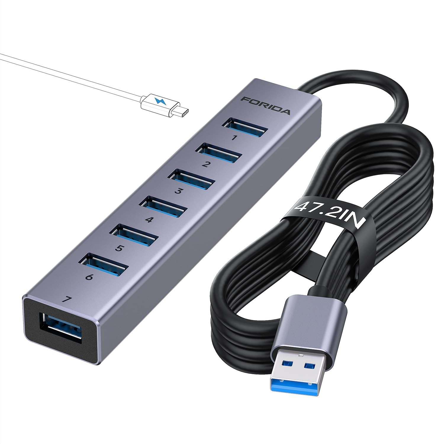 Aluminum Alloy 8 Port USB Hub Long Cable USB Splitter with 7-USB3.0 Data Port...