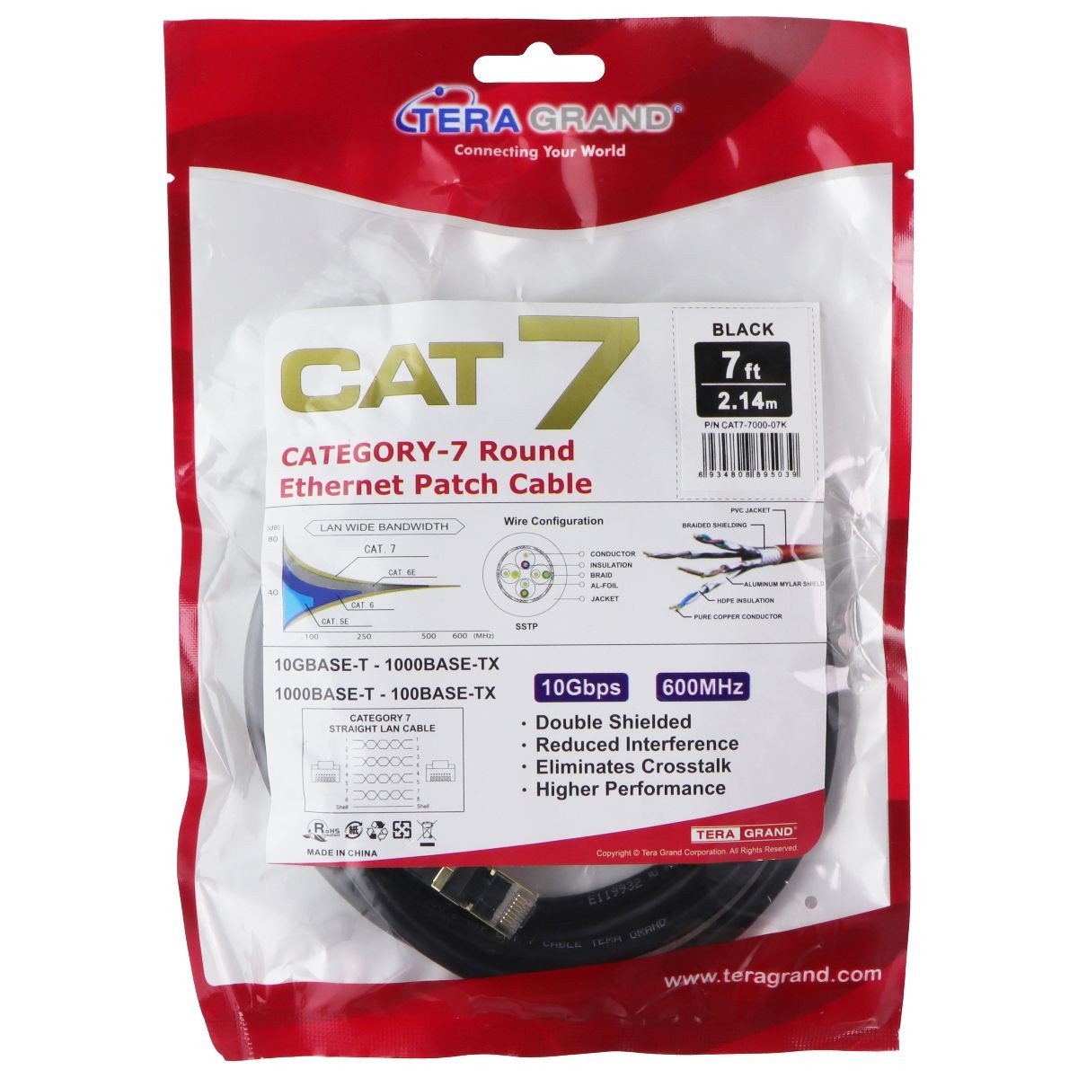 Tera Grand CAT7 Round Ethernet Patch Cable - 7 Foot - 10Gbps / 600MHz - Black