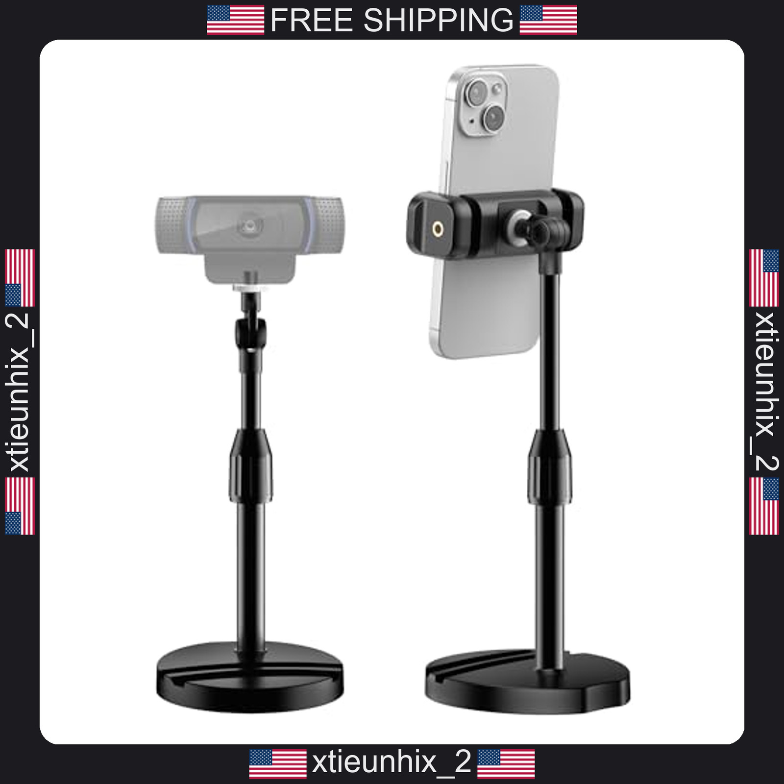 Webcam Stand Mount with Phone Holder for Desk, Adjustable Height, 1/4" Thread