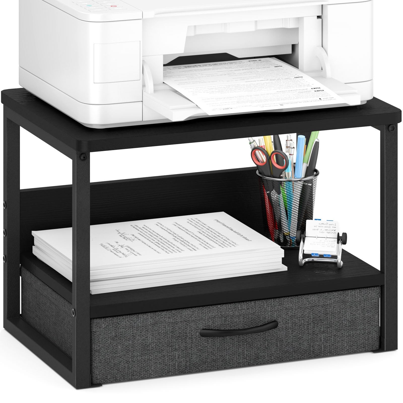 1 PC Printer Stand With Storage Drawer 2Tier Desktop Riser Under Desk Black