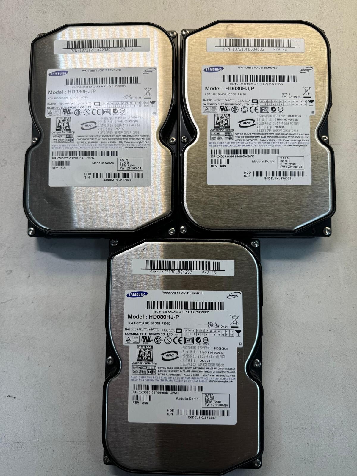 Lot of 3 SAMSUNG HD080HJ/P 80GB 7.2K RPM 8 MB CACHE 3 Gb/s SATA 3.5" HDD