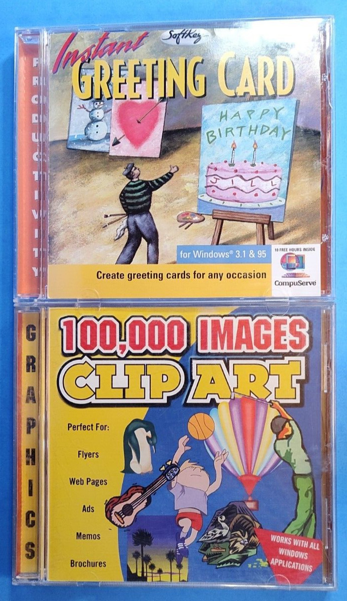 Lot of 2 Vintage Win 3.1/95 Software CD Instant Greeting Card +100,000 Clipart