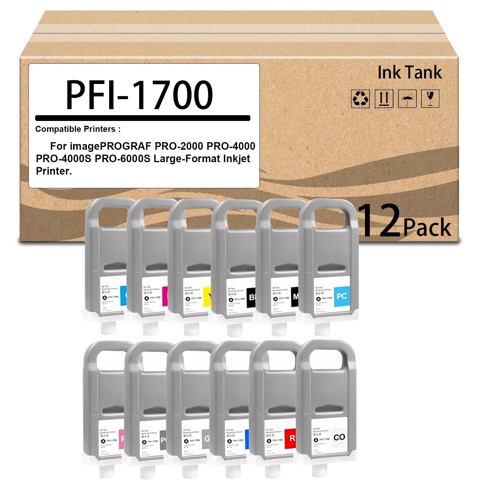 12 Pack  PFI-1700 Ink Tank for Ink Cartridge for imagePROGRAF PRO-2000(Open Box)