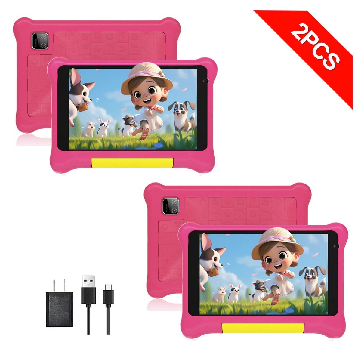 2PCS Android 13 Tablets 7 inch for Kids 32GB BT WiFi Dual Camera Education Pink