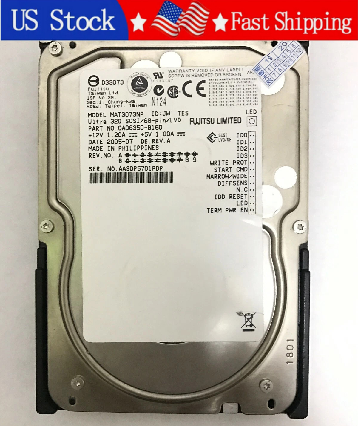 Used Fujitsu MAT3073NP 73GB Ultra320 3.5'' SCSI 68 Pin Hard Disk Drive HDD