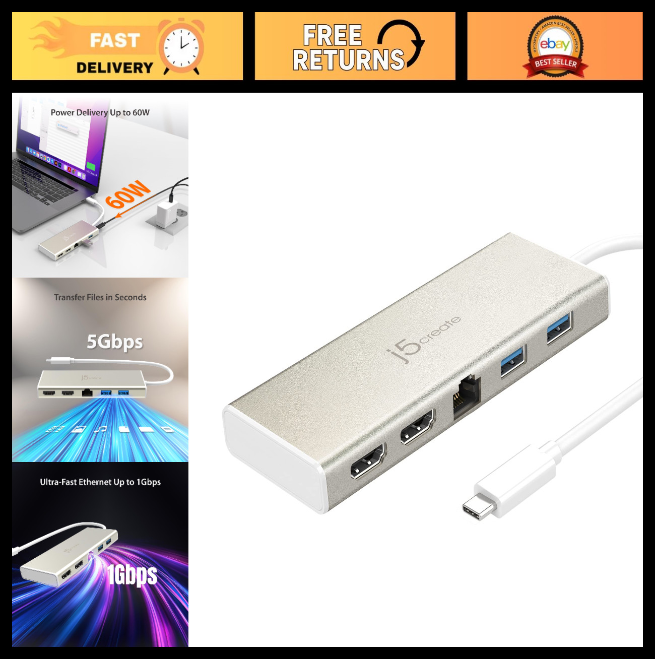 USB-C Mini Dock Hub with 2 HDMI, 2 USB 3.0 Ports, Ethernet & Power Delivery